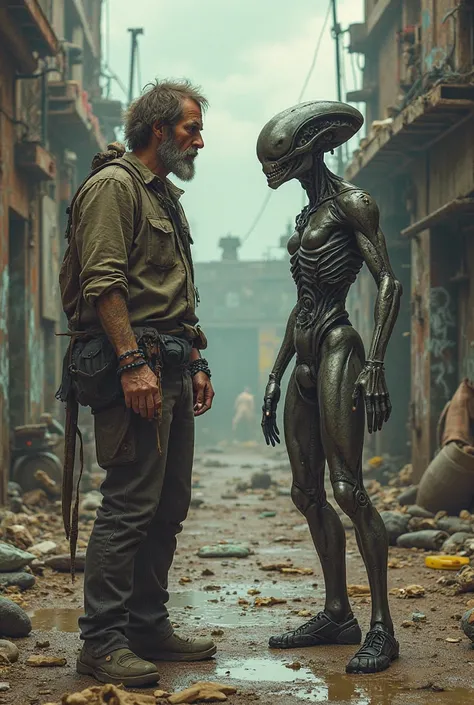A filthy guy talking to an alien