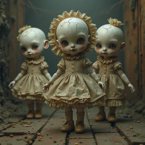 There are so many creepy cultural dolls、In motion、creepy circus、Retro、old、Vintage、small eyes、sideways、very white skin、  cracked ...