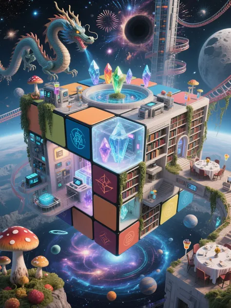 A colossal Rubik's Cube complex hovers within a spacetime rift, each cubic room connecting to a distinct dimension. The main str...