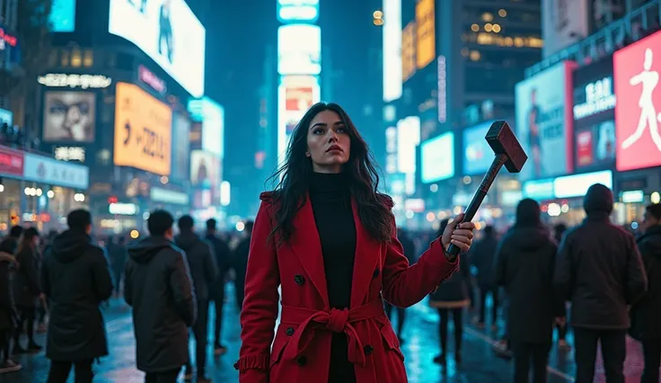 A cinematic dystopian city square at night, filled with a massive, hypnotized crowd staring at their smartphones. In the center,...