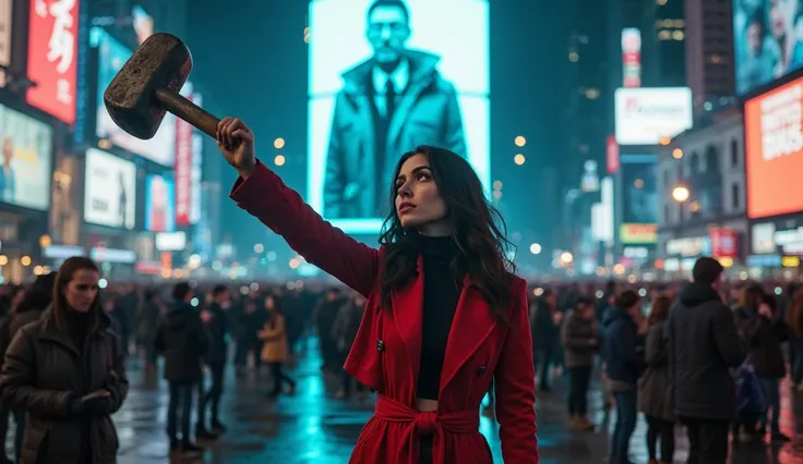 A cinematic dystopian city square at night, filled with a massive, hypnotized crowd staring at their smartphones. In the center,...