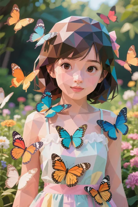 Low definition polygon style,A bunch of bright butterflies,A cute girl in a beautiful dress,Realistic portraits,natural pose,del...