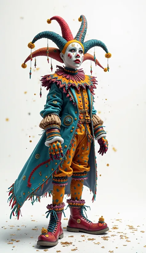 Surrealism bright jester at court on a white background
