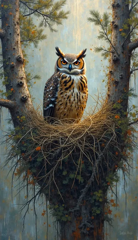 An Owl perched in its massive (nest:1.3), in a pine tree, natural colors, nature colors, Hyper-detailed messy mixed-media master...