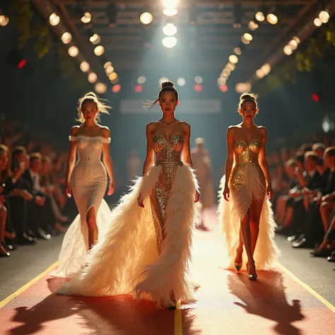 Imagine a grand fashion runway turned into a racetrack. The lead perfume bottle is dressed in haute couture-style design—feather...