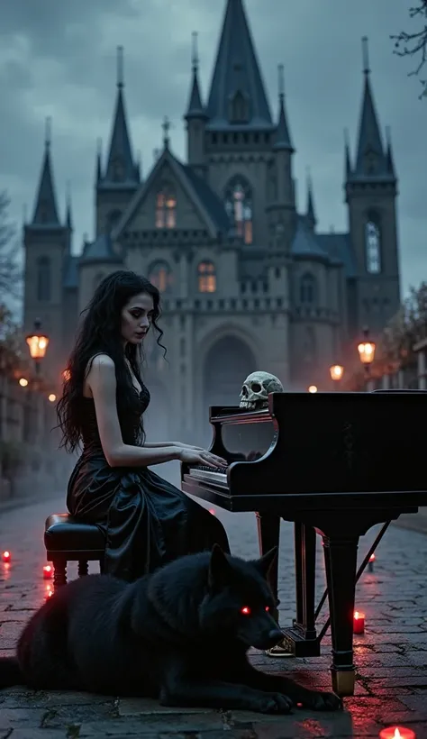 A gothic woman playing a black grand piano in a dark, eerie courtyard at night, front angle view. She wears a shiny black satin ...