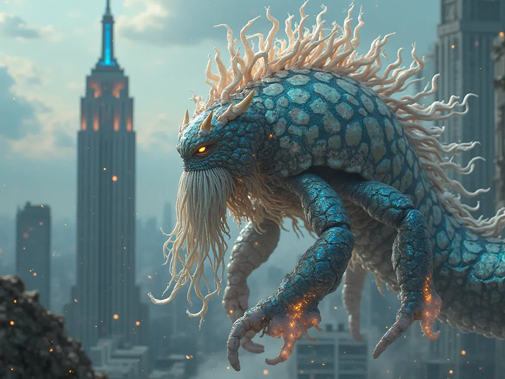 A majestic hybrid with royal shell, glowing beard, and sea crown. He levitates slightly, twin blades float at his sides, eyes fi...