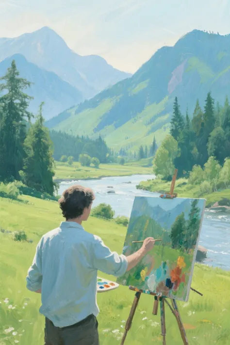 A person painting a natural landscape