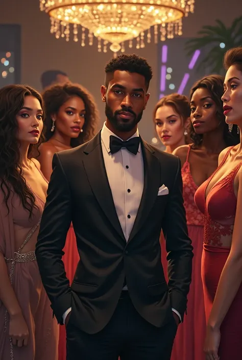 A brown man surrounded by 8 women at a party realistic image
