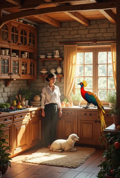 A beautifully crafted wooden kitchen bathed in warm daylight, featuring carved cabinets, shelves with ceramic dishes, and a cozy...