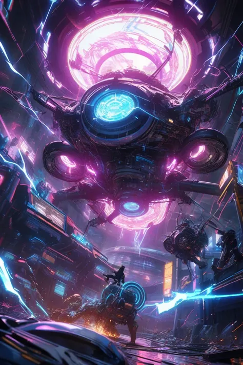 Electrical surge around Doctor Octopus as he hacks the vault, bright blue lightning, metal melting, futuristic UI holograms in t...