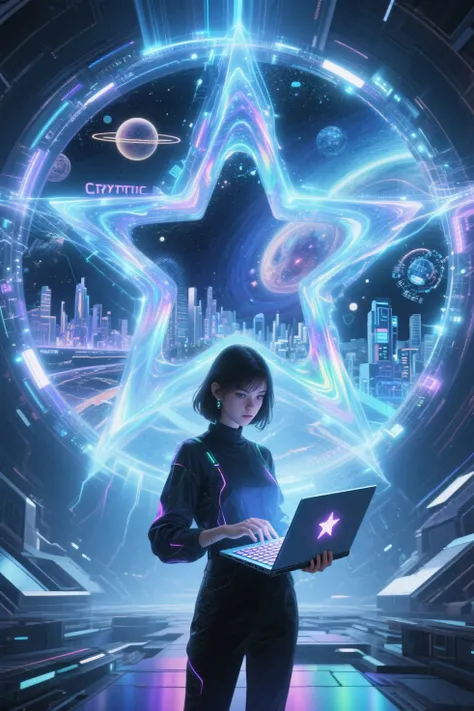 In a stunningly futuristic world, Cryptic Girl stands in front of a massive, glowing Quantum Portal powered by the Cryptic Star ...