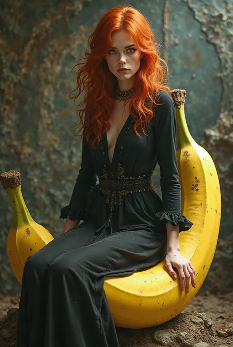 Red-haired witch with her back sitting on a banana