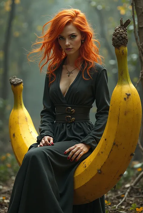 Red-haired witch with her back sitting on a banana