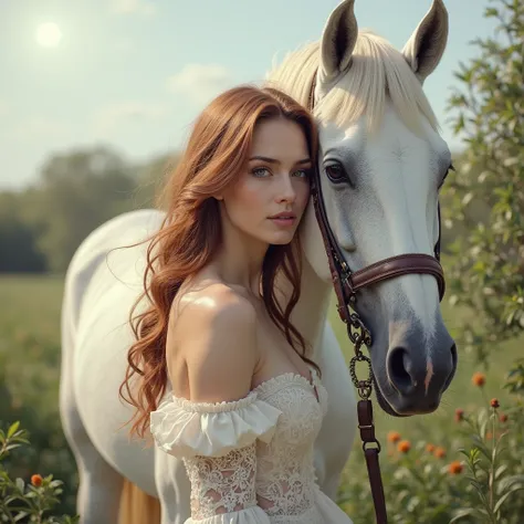 portrait of a beautiful, very beautiful woman with a white horse.