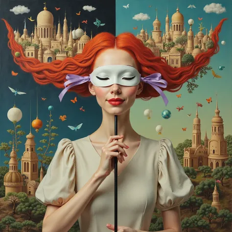 The surrealist painting depicts a woman with striking European features, positioned at the center of the composition. Her face i...