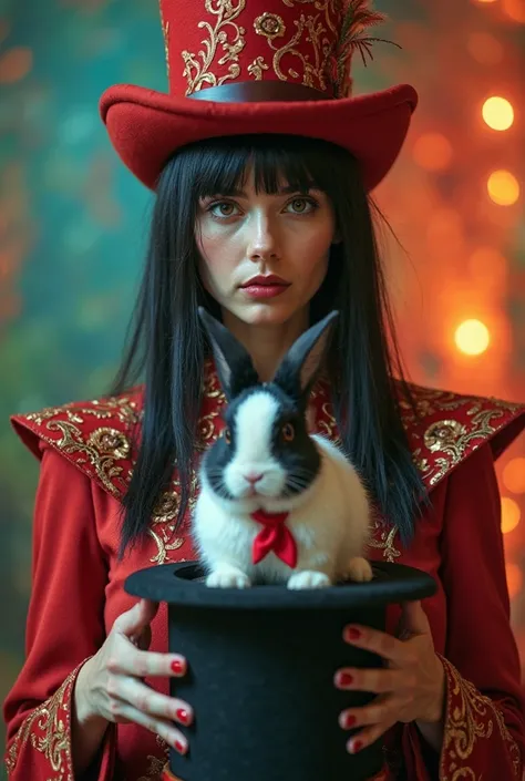 portrait of a 40-year-old woman, very pale skin, straight black hair without bangs, wearing a magician costume, holding a top ha...