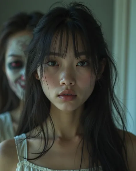 Demons in realistic selfies
"A normal selfie of a young woman, but with a demonic face blurred behind her shoulder, realistic...