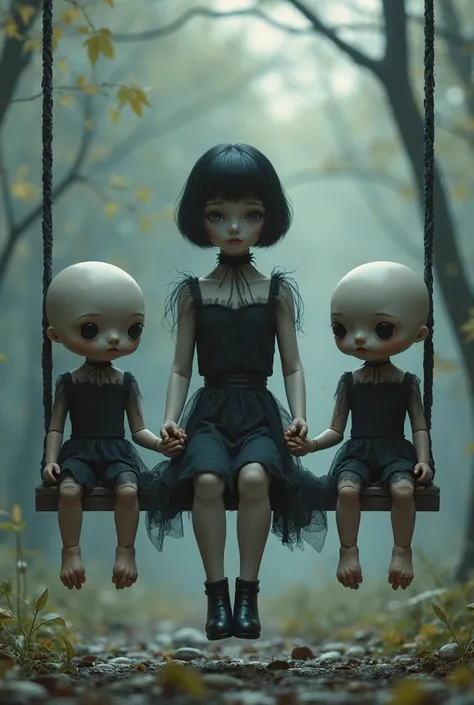 A girl with two spherical joint dolls that look just like twins。Gothic ta、black haired bob、miniskirt、holding hands。sitting on a ...