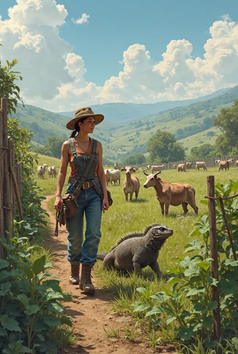 Generate an image of a woman in the field with a corral of garrobos and iguanas, working as an agricultural engineer