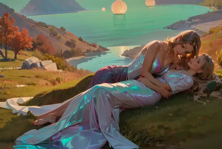 woman laying in a grass field , autumn landscape , white woman in a beautiful long gown, iridescent dress, shinny dress. flowy d...