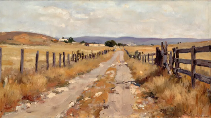 A broken wooden fence lines a dirt road that stretches into the distance, flanked by dry grass and distant hills. The only sound...