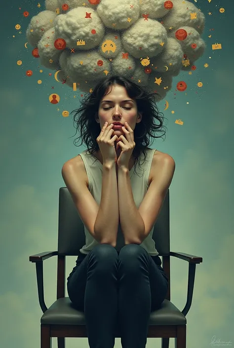 a woman sitting on a chair with a cloud of icons above her head, thoughtful ), intrusive thoughts, introverted, pondering, unner...