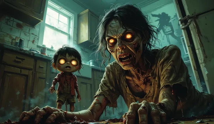 A female zombie in her 30s, with opaque and dead eyes that reflect the emptiness of his lost existence. Wear the bloody shreds o...