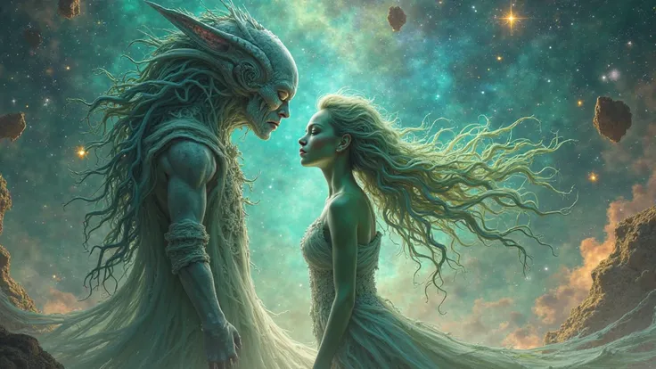 A 30yo human composer with a musical instrument stands beside a mesmerizing alien singer 30yo with flowing, iridescent hair and ...