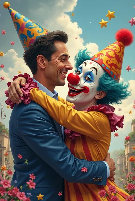 Pedro Sánchez kissing a clown