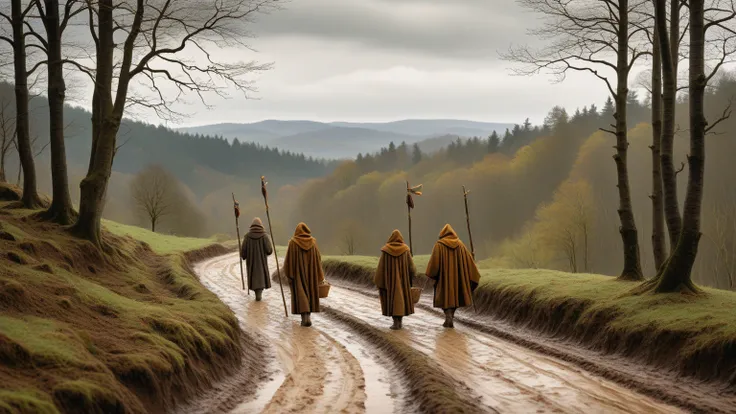 Prompt 6: Three travelers in sturdy russet and wool cloaks walk cautiously down a winding, muddy dirt road, looking back over th...