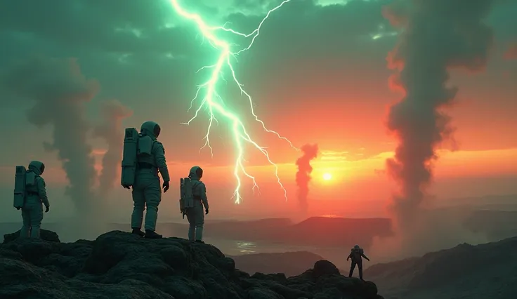 A dystopian, futuristic landscape at sunset. the sky is torn, with floating cracks and glowing energy lines, that flicker throug...