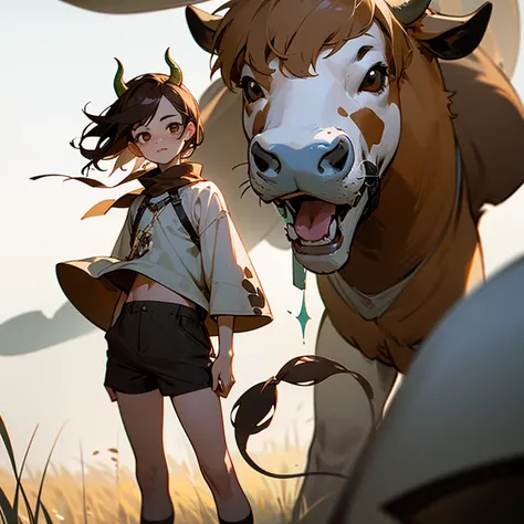 A charming, yet eerie demihuman cow-boy is depicted in exquisite detail: medium-length brown hair, freckles adorning his face, b...