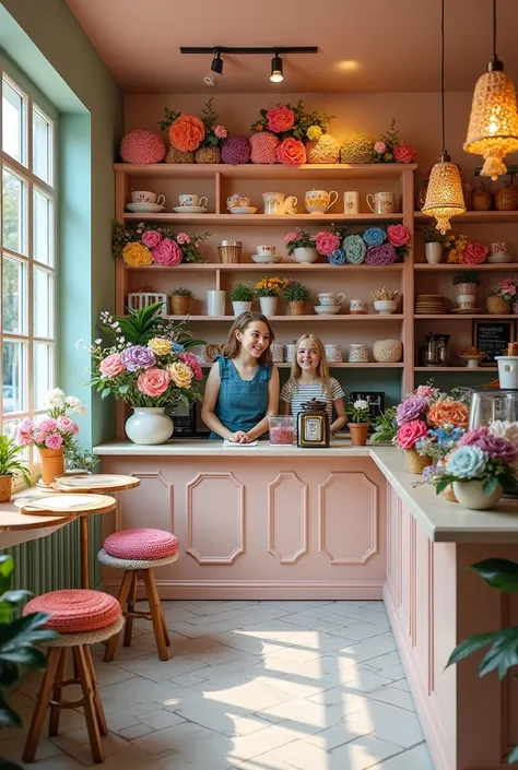 Hello I would like to see a coffee shop in pastel colors that also sells handmade colorfull crochet flower