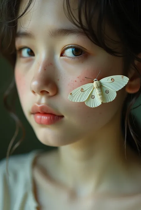Hyper-realistic close-up portrait of a young person with smooth porcelain skin peppered with delicate freckles, a large pale sil...