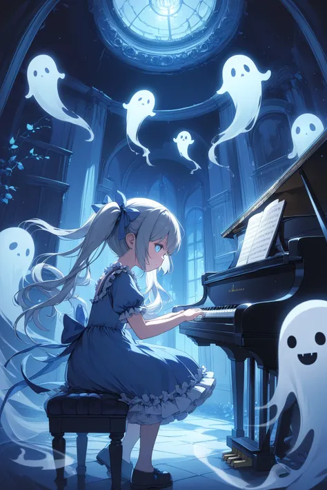 masterpiece, best quality, highly detailed, anime-style illustration, small cute girl with silver twin tails and blue ribbons, w...