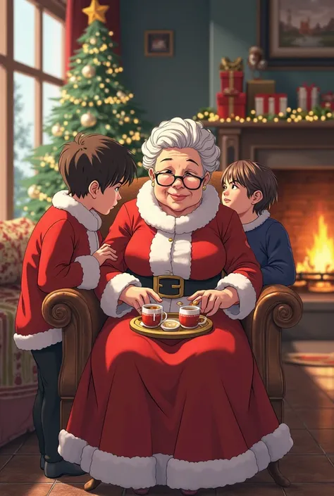 Make an image of a young MAMA Claus (anime style) at home nursing 2 men 24 years younger than Mama Claus