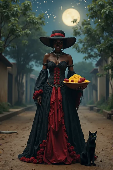 black woman, africana, with a black and red queen's dress. At the top a corset, at the bottom with details of roses. On the hea...