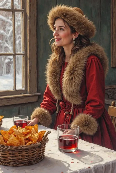 Canada also has carabio iced wine pork chips in a gift basket on a long table in a shaleen June Canada dressed in an outfit with...