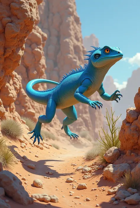 blue lizard jumping between rocks