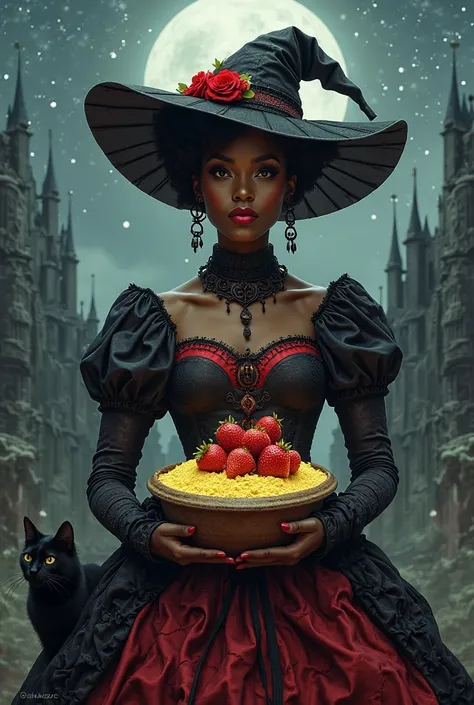 black woman, africana, with a black and red queen dress with corset. On the head a hat covering your eyes, only the mouth with r...