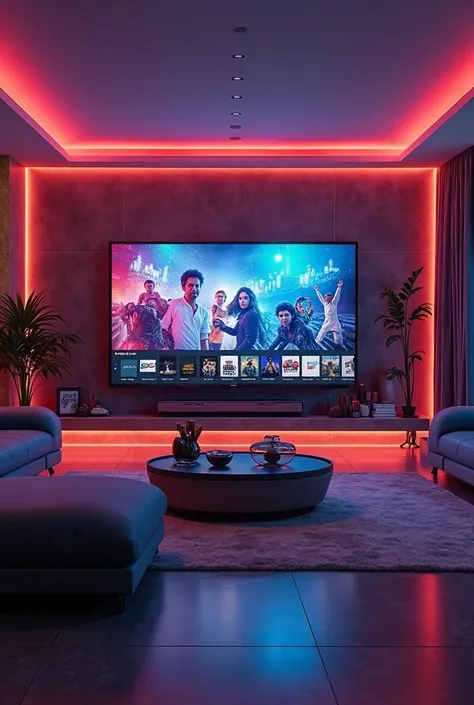 A futuristic living room with a large 4K ultra HD TV showing vibrant streaming content, Surrounded by modern, bright icons that ...