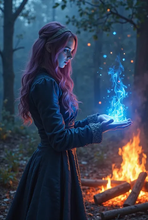 Play Elizabeth Gillies from the Victorious era sitting pointing her finger to create a blue fire at the bonfire