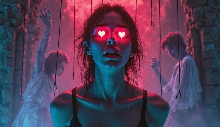 A dramatic, tormented human figure in the center, with wide, haunted eyes and a torn heart glowing in vivid neon red, suspended ...