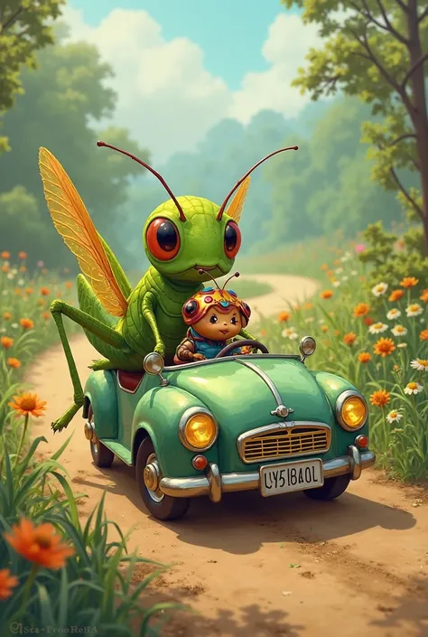 Green grasshopper and a little congorochito driving a car