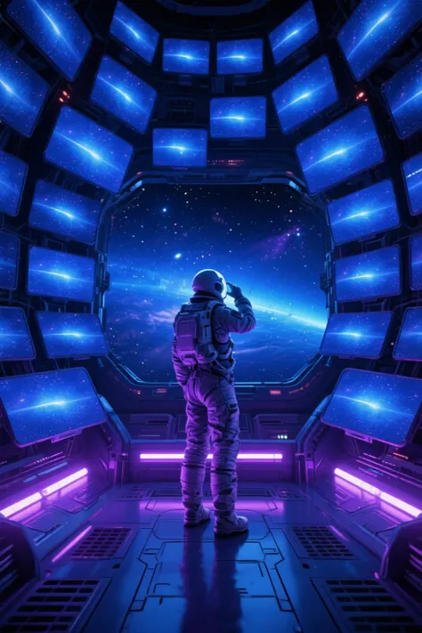 Create a horizontal image of A lone scientist observes the universe from a space station, surrounded by thousands of screens sho...
