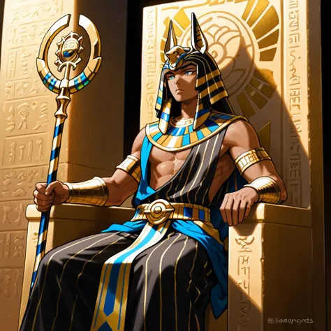  depicts an ancient Egyptian pharaoh sitting majestically on a throne. The pharaoh wears a traditional headdress adorned with st...