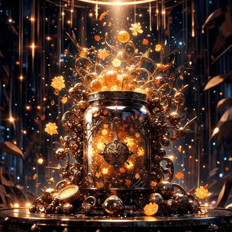 Jar of Crimson Red Golden Honey, ultra-detailed, Ultra-Fantasy, 8k, HDR, bioluminescence, intense lighting, chaotic yet harmonio...