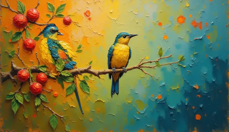 Create an impressionist-style painting that celebrates nature through a dynamic contrast of rich greens and deep reds. The compo...