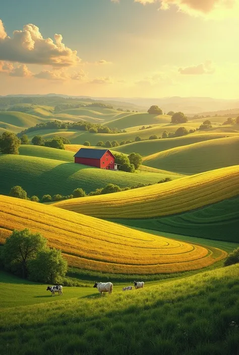(((Photorealistic))), rolling farmland hills at golden hour, patchwork fields in green and yellow, red barn in the distance, row...